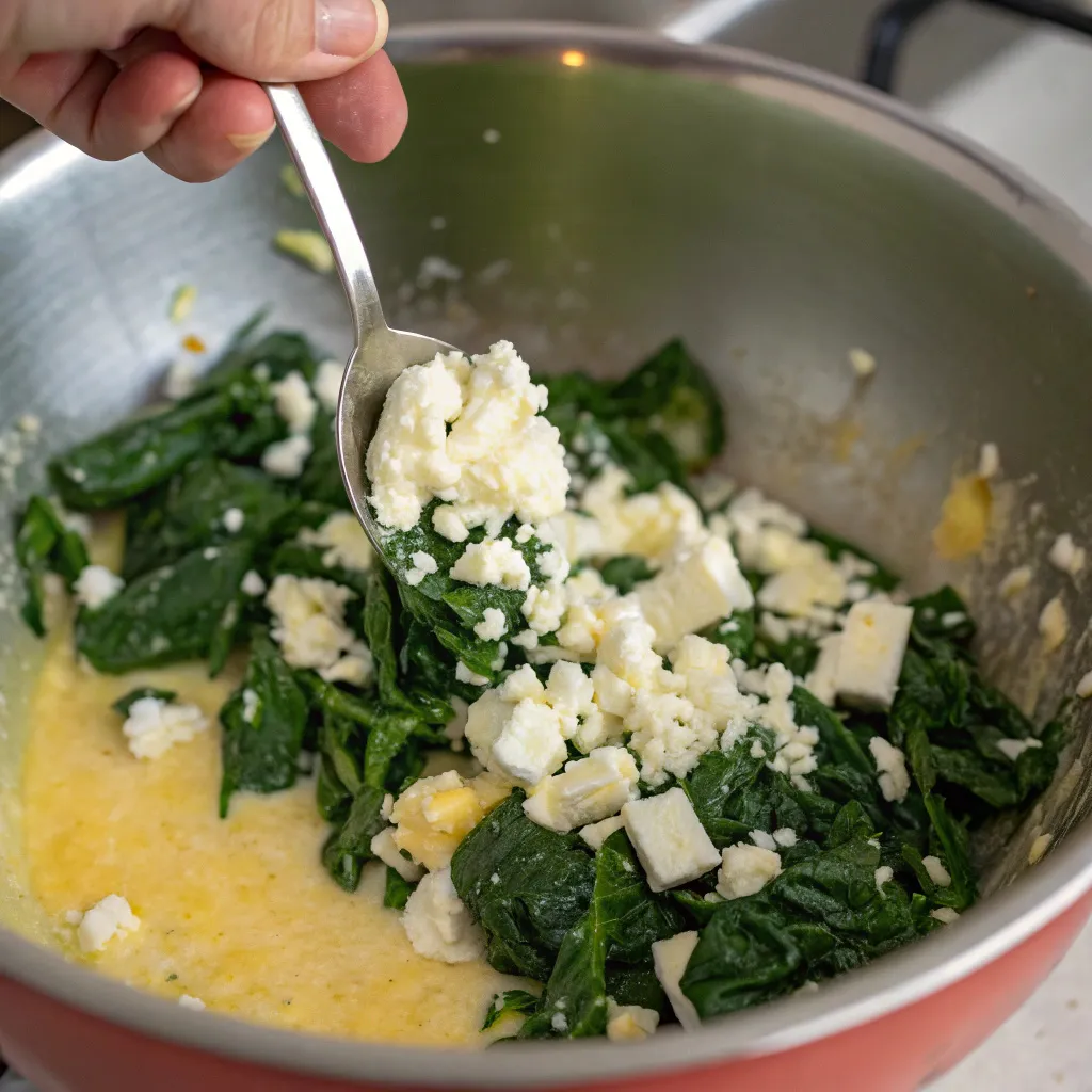 Step by Step Instructions to Prepare Your Spinach & Feta Quiche : Mix in spinach and feta