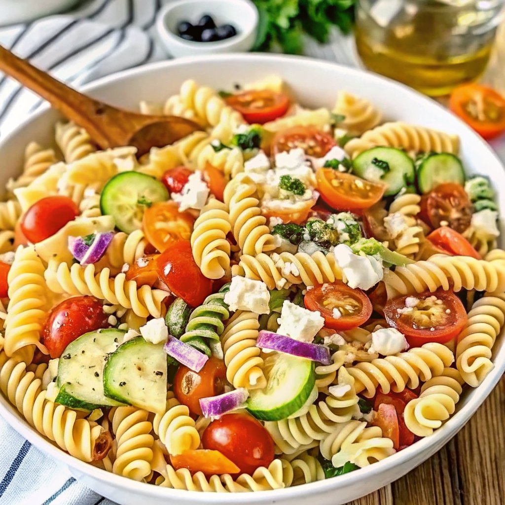 A vibrant close-up shot of a freshly made pasta salad served in a simple, clean white ceramic bowl. The salad features colorful rotini pasta spirals coated lightly with dressing, bright red cherry tomato halves, diced green cucumbers, diced red and yellow bell peppers, small cubes of feta cheese, black olives, and fresh basil leaves scattered on top. The bowl is centered in the frame with soft natural lighting, creating a fresh and appetizing look. The background is a minimal, natural off-white or light wood texture, completely free of any other ingredients or distractions.
